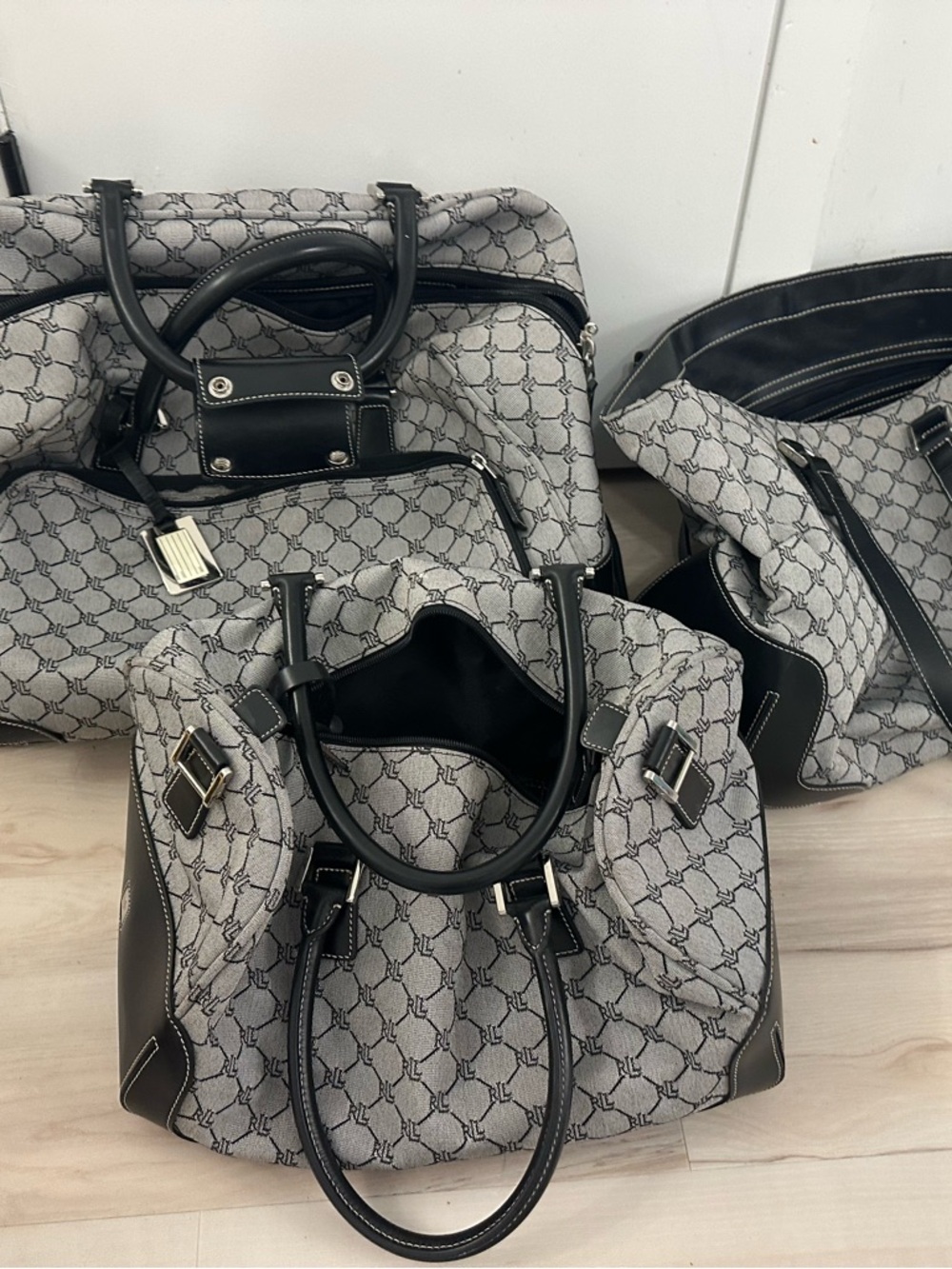 Ralph Lauren 3 Piece Rolling Luggage Set Gray Black Monogram Travel Bags